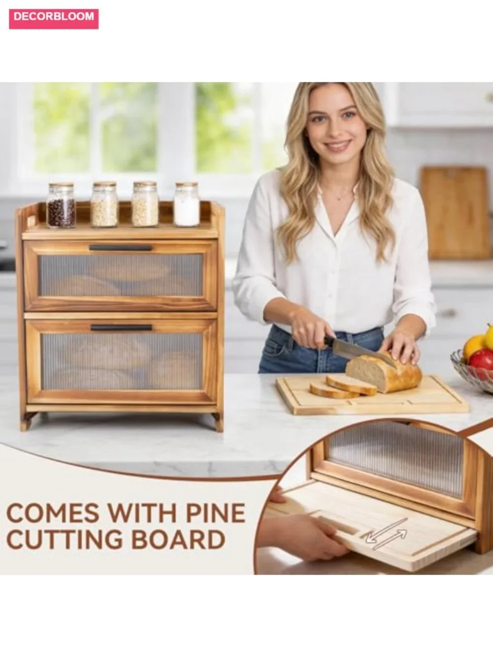 Wooden Bread Box with Cutting Board, Large Pine Kitchen Countertop Storage